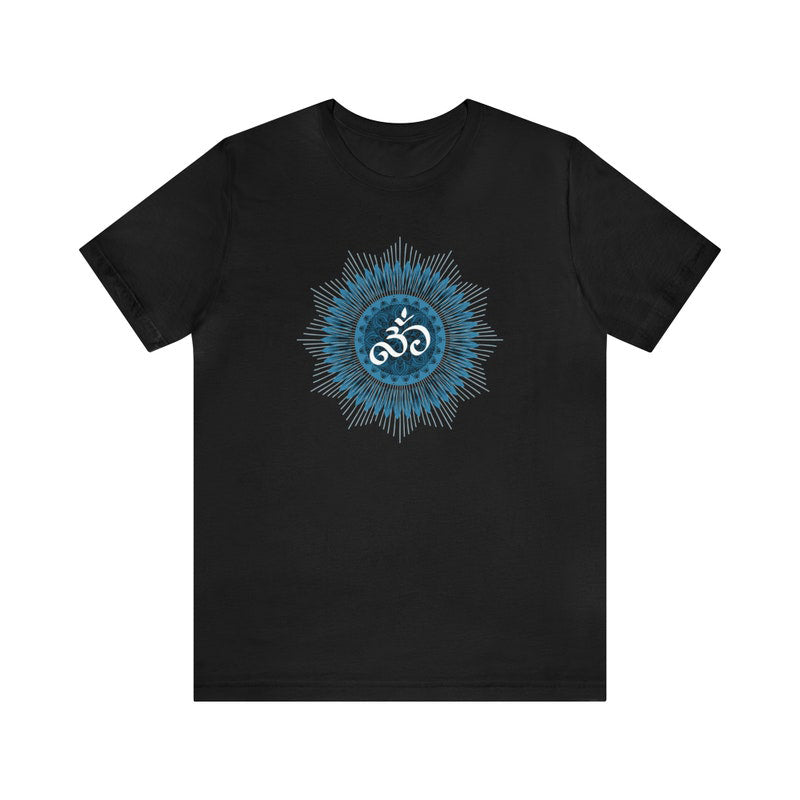 Black T-Shirt with a blue and white graphic featuring an Om symbol within a radiating mandala design.