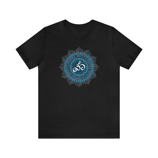 Black T-Shirt with a blue and white graphic featuring an Om symbol within a radiating mandala design.