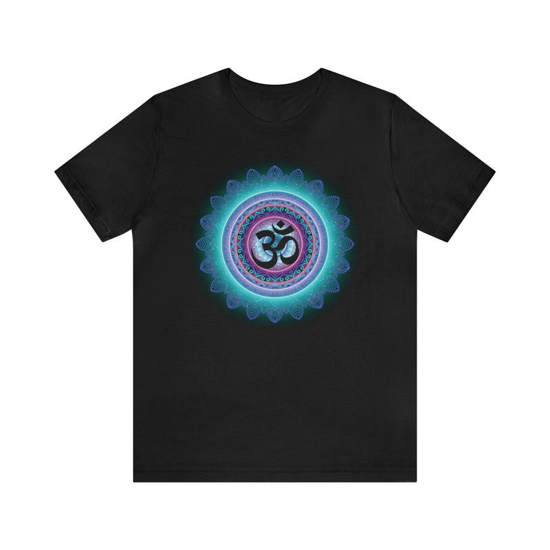 Black T-Shirt with a circular, glowing mandala design in blue and purple hues, featuring a black Om symbol in the center.