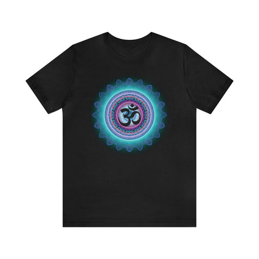 Black T-Shirt with a circular, glowing mandala design in blue and purple hues, featuring a black Om symbol in the center.