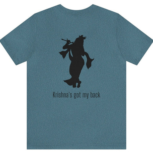 Teal t-shirt with a black silhouette of Krishna playing the flute on the back and the text "Krishna's got my back" below.