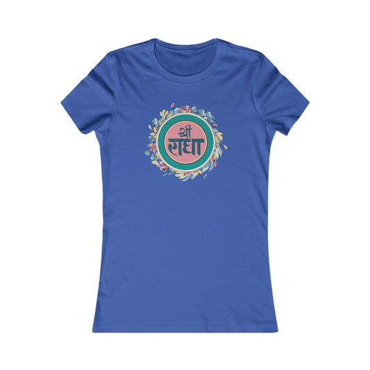Blue fitted t-shirt with a circular design featuring the name "Shri Radha" in Devanagari script within a colorful floral wreath.