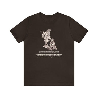 Brown t-shirt with a black and white illustration of Radha and Krishna and a devotional verse in white text below.