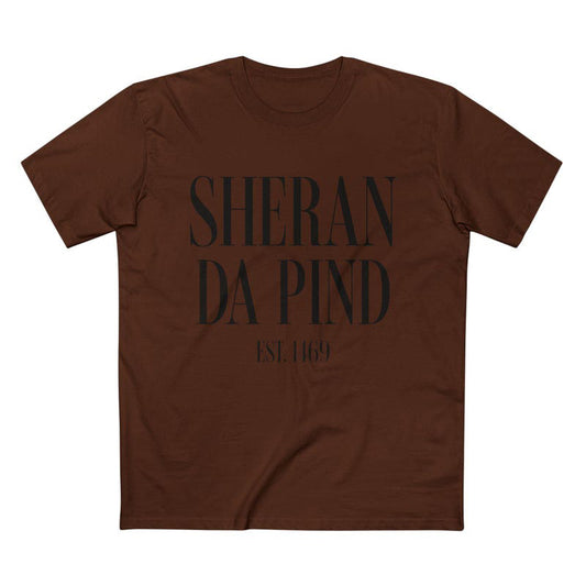 A brown t-shirt with "Sheran Da Pind" and "Est. 1469," celebrating a lionhearted heritage.