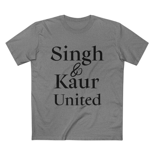 A gray t-shirt with "Singh &amp; Kaur United," symbolizing the strength and unity within the Sikh community.