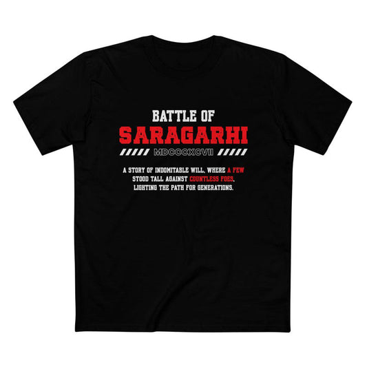 A black t-shirt commemorating the Battle of Saragarhi, celebrating indomitable will and timeless courage.