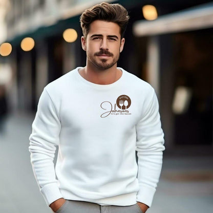 man stand close white sweatshirts with a small logo on the chest.
