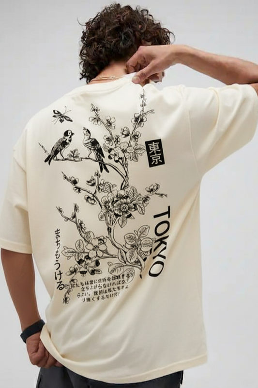 Tokyo Bird & Floral Graphic Oversize T-Shirt