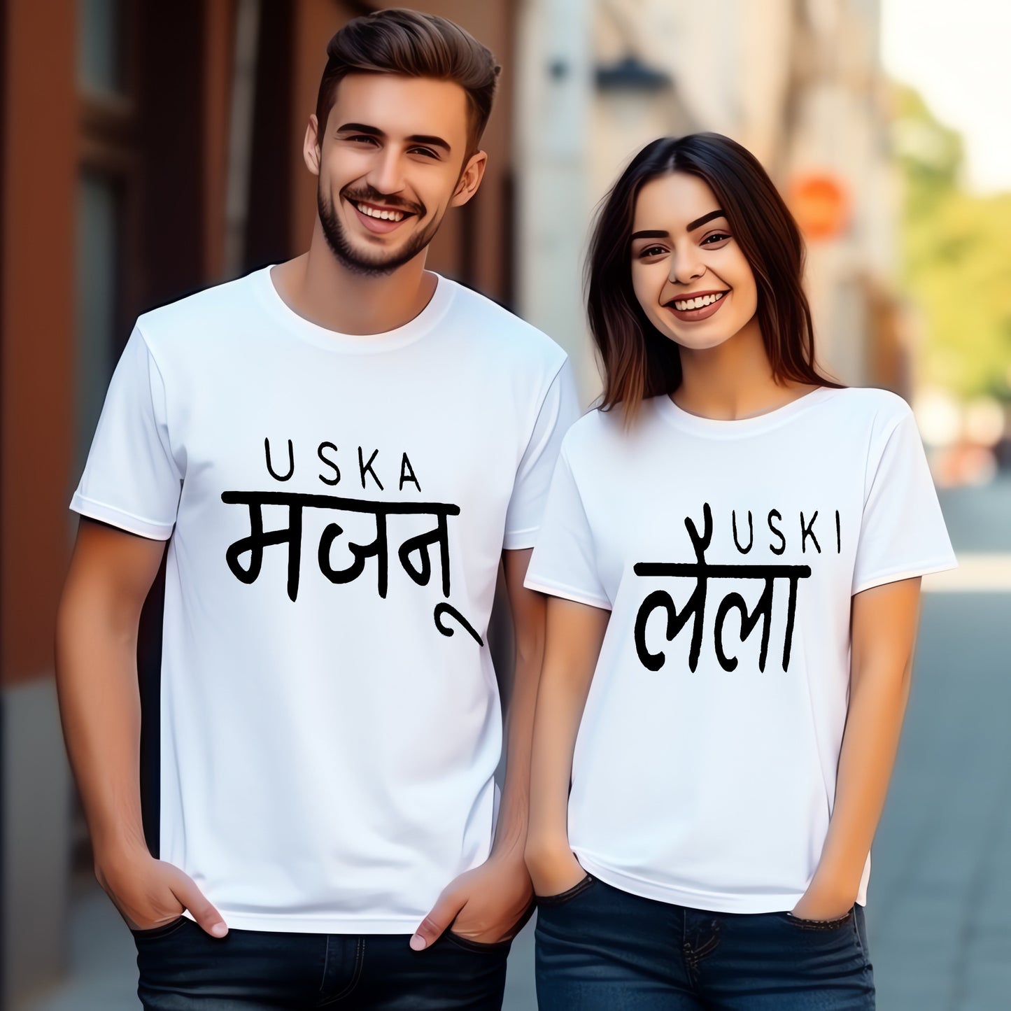 Uski Laila & Uska Majnu Funny Couple T-Shirts