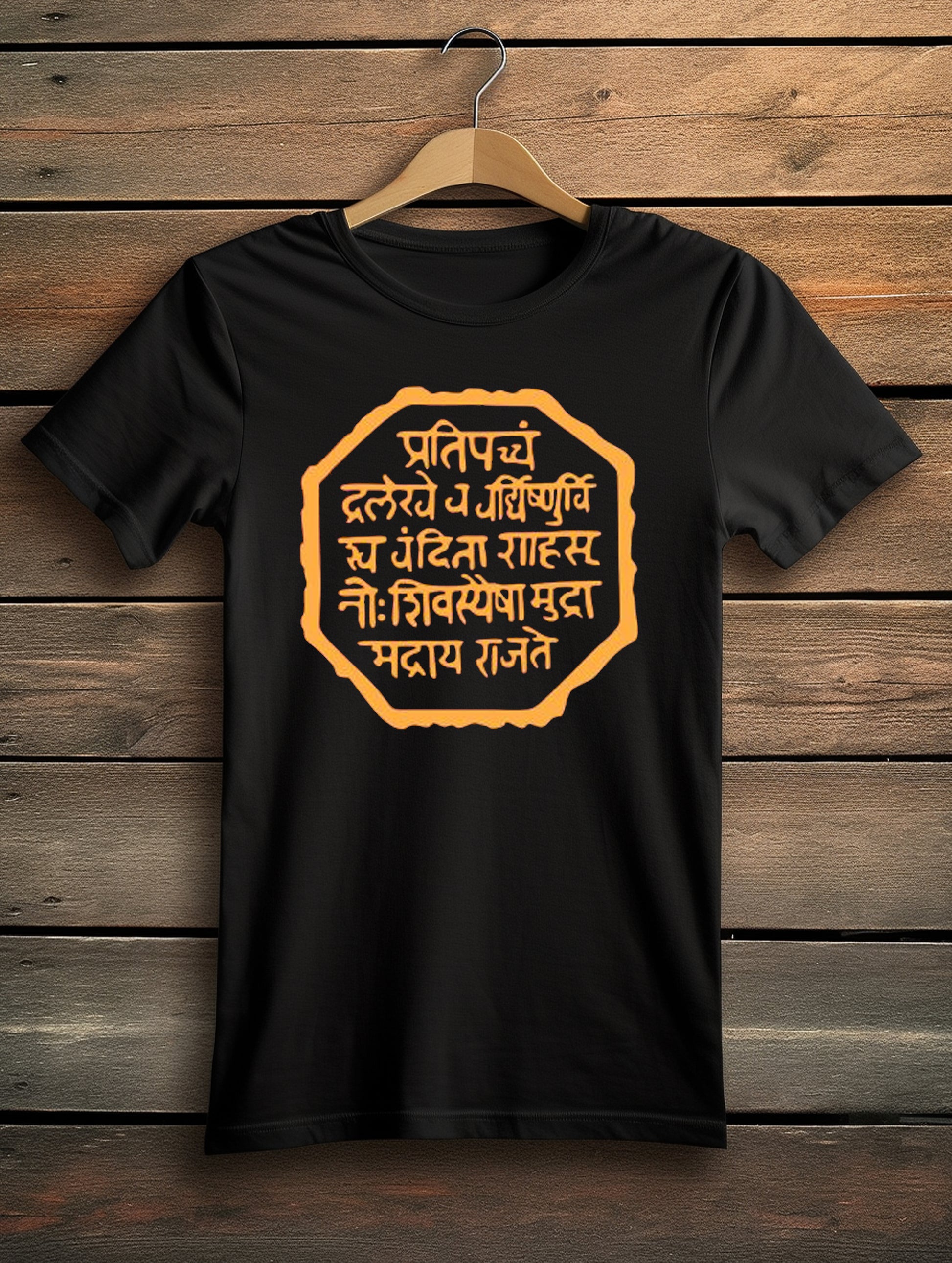 Black t-shirt on a hanger displaying the orange Rajmudra quote of Chhatrapati Shivaji Maharaj in Marathi.